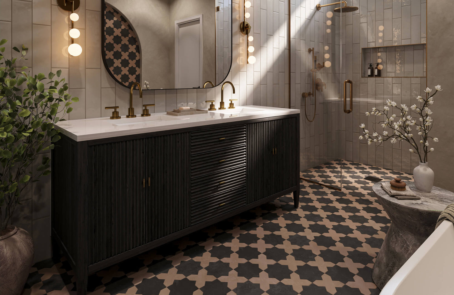 Stylish double vanity with fluted black wood cabinetry, brass fixtures, and star-patterned tile flooring.