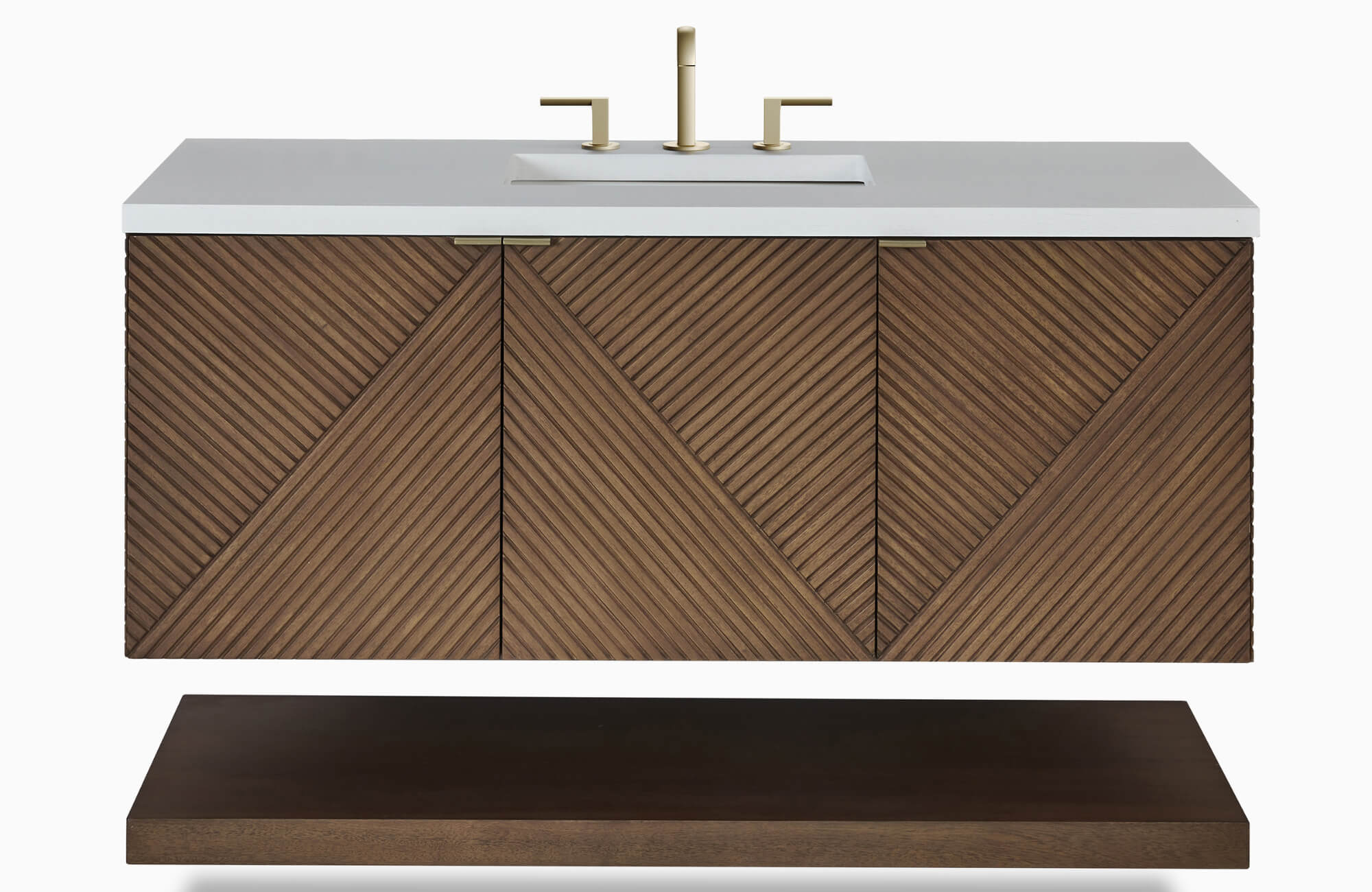 Modern 48-inch bathroom vanity with geometric wood paneling, integrated white countertop, and brushed brass faucet fixtures.