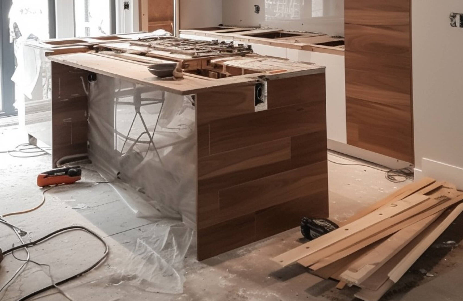 A kitchen under construction features a partially built wood-paneled island, exposed cabinetry frames, scattered lumber, power tools, plastic sheeting, and unfinished flooring, capturing the space in the midst of renovation.