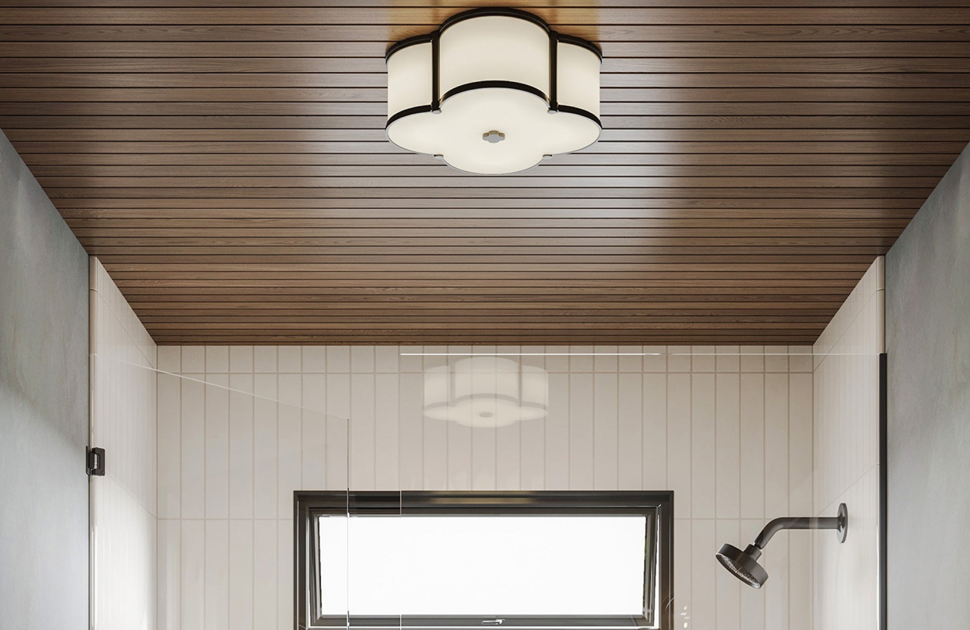 Bathroom with wood ceiling featuring a clover-shaped flush mount fixture above a shower space.