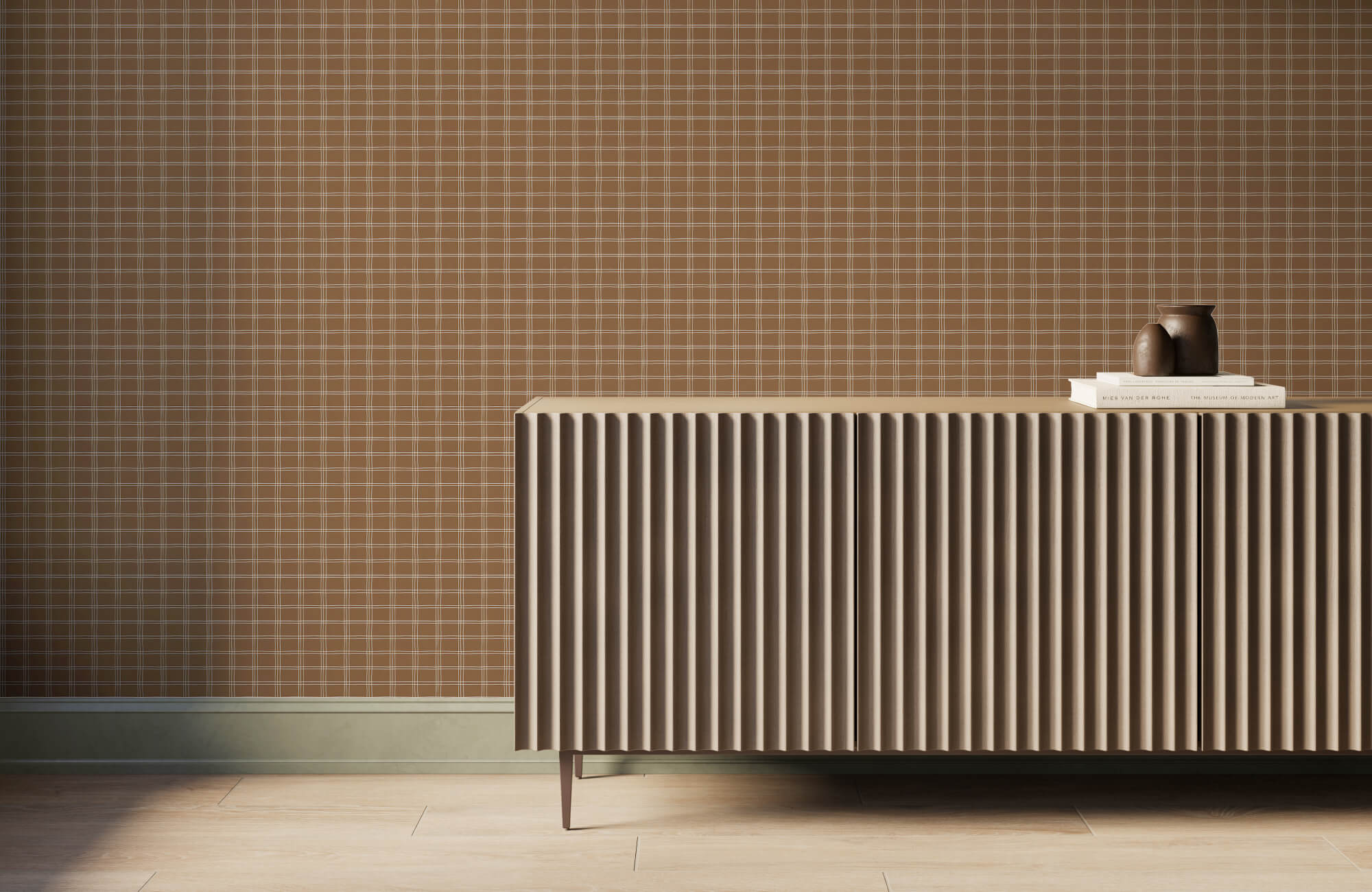 Warm brown plaid mid-century modern wallpaper behind a fluted console in a simple living room setting.