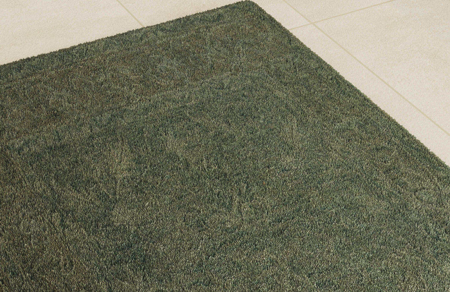 A vintage-style area rug with muted green, orange, and neutral floral patterns is being vacuumed on a light wood floor.