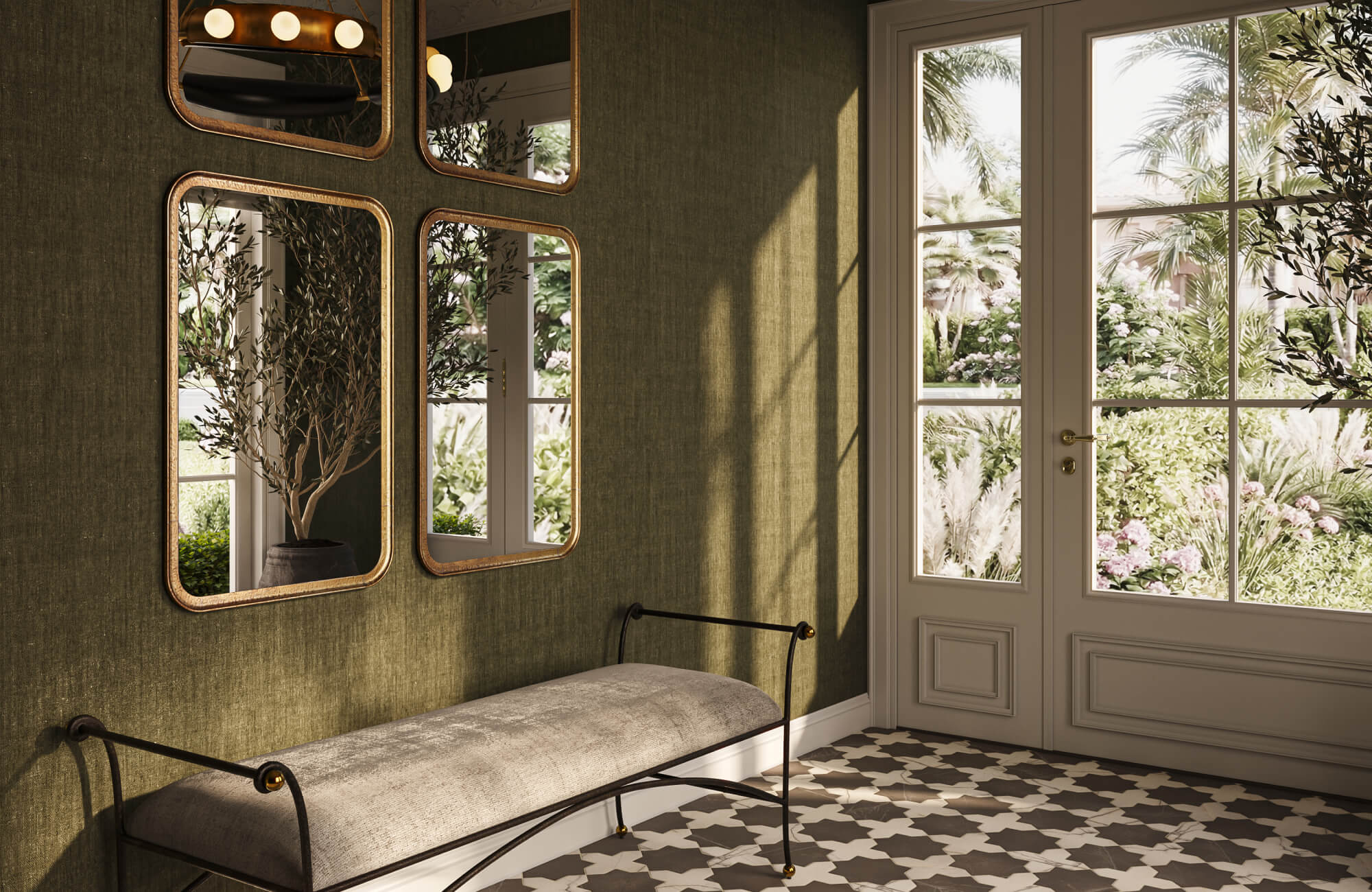 Contemporary entryway with geometric tile floor, olive textured wallpaper, brass mirrors, bench, and garden-view doors.