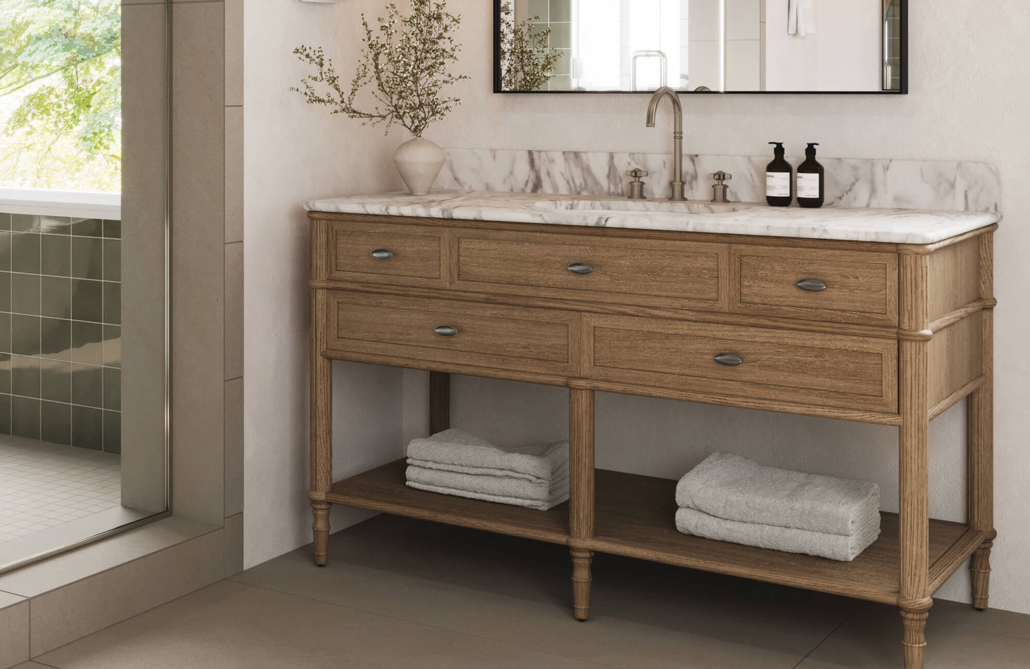 Light wood bathroom vanity with marble top and open shelving in a bright, natural light-filled space.