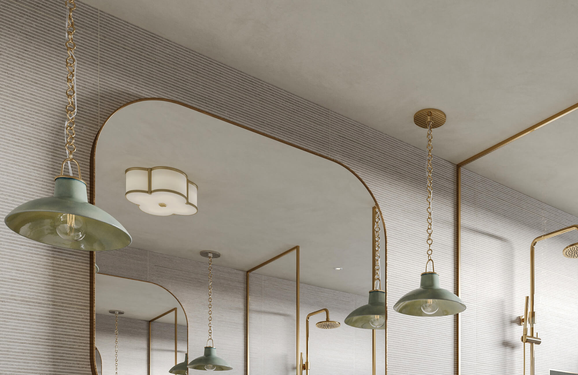 Slim horizontal bathroom tiles in soft gray complement brass fixtures, arched mirrors, pendant lights, and a floral flush mount.