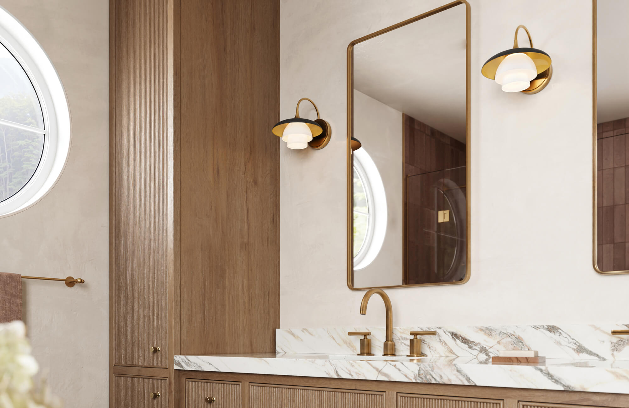 Elegant bathroom vanity featuring geometric wood detailing, white countertop, and gold sconces against deep navy wall tiles