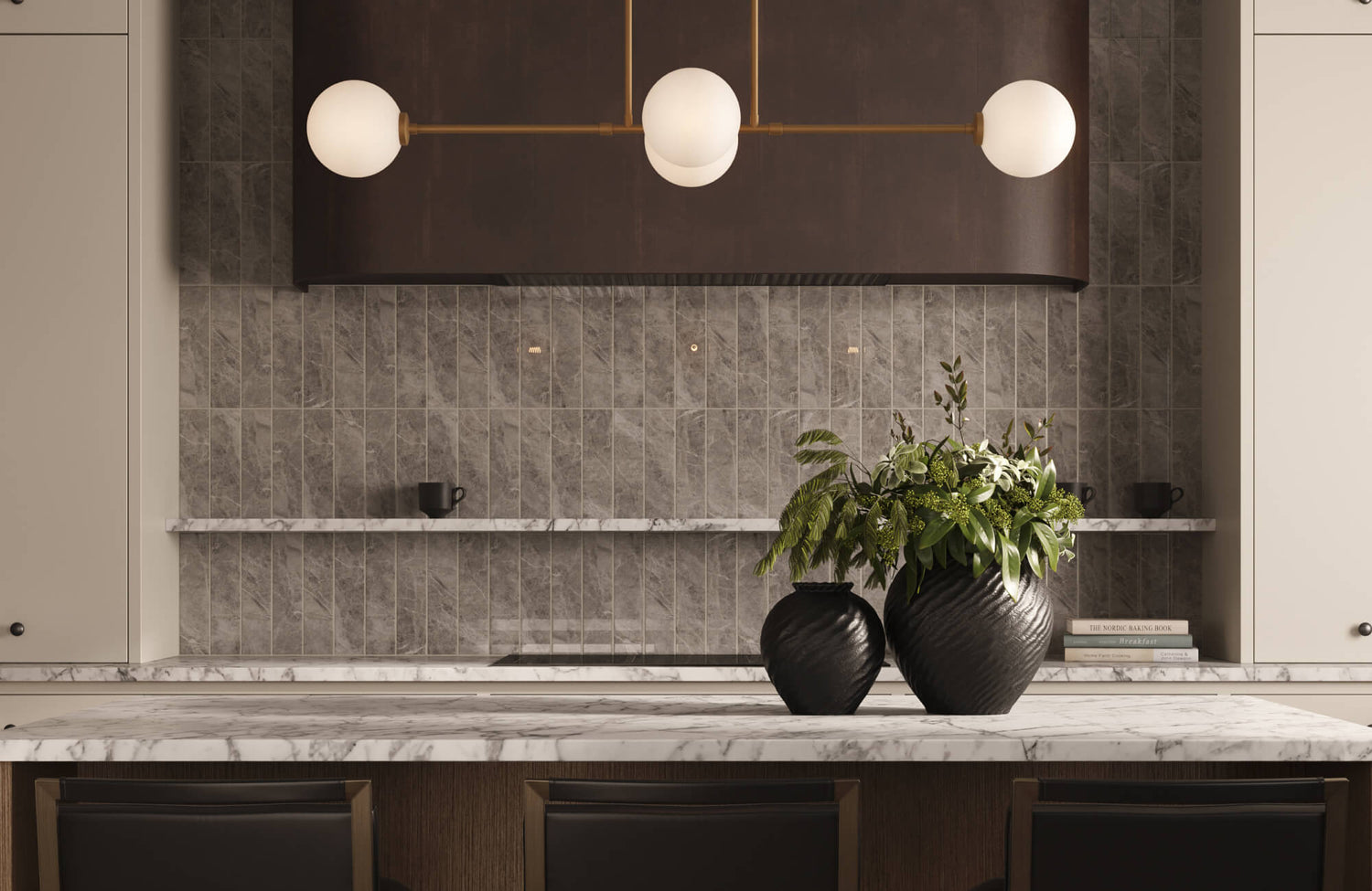 Elegant kitchen with vertically stacked gray marble-look kitchen wall tile creating a refined textural backdrop behind the marble shelving and counters.