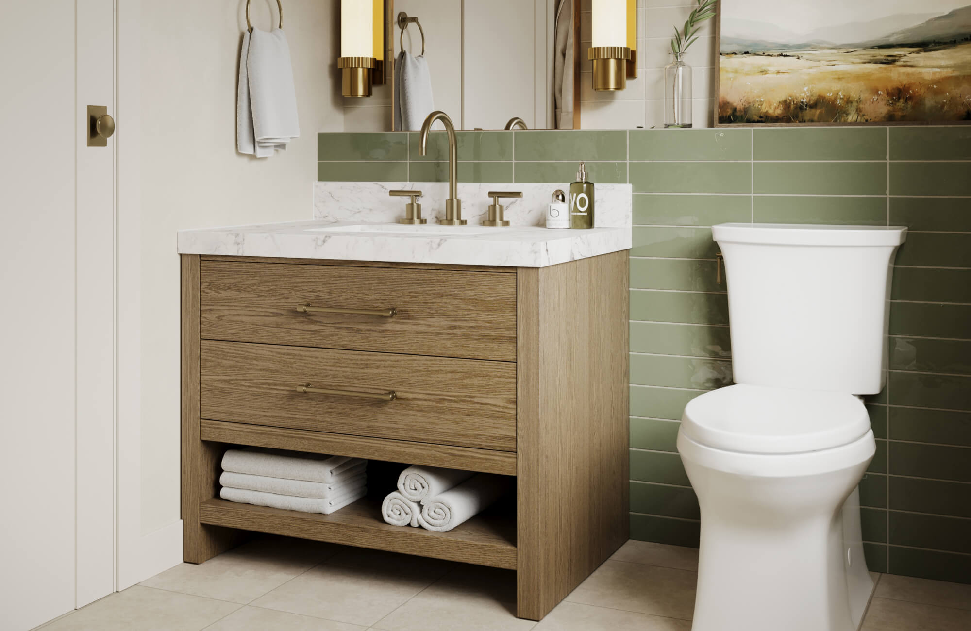 Glossy sage green tile backsplash adds a calming, organic touch to this bathroom with brass fixtures and a wood vanity.