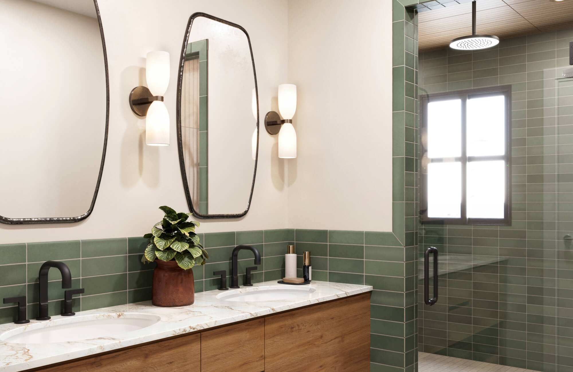 Modern bathroom vanity with green subway tile backsplash, wood cabinetry, marble countertop, black fixtures, and glass shower enclosure.