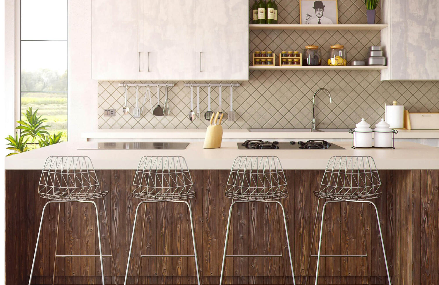 A spacious kitchen features a clean-lined white countertop extending across a wood-paneled island, integrating an induction cooktop, gas burners, and a sink to create a functional centerpiece for modern living.
