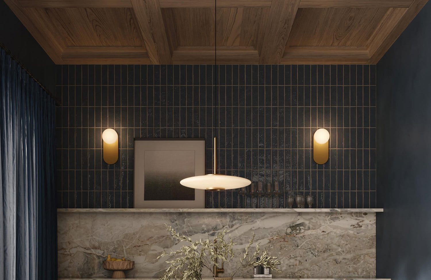 Moody bar interior with glossy navy grid subway tile wall, marble counter, brass sconces, pendant light, wall art, and warm wood coffered ceiling.