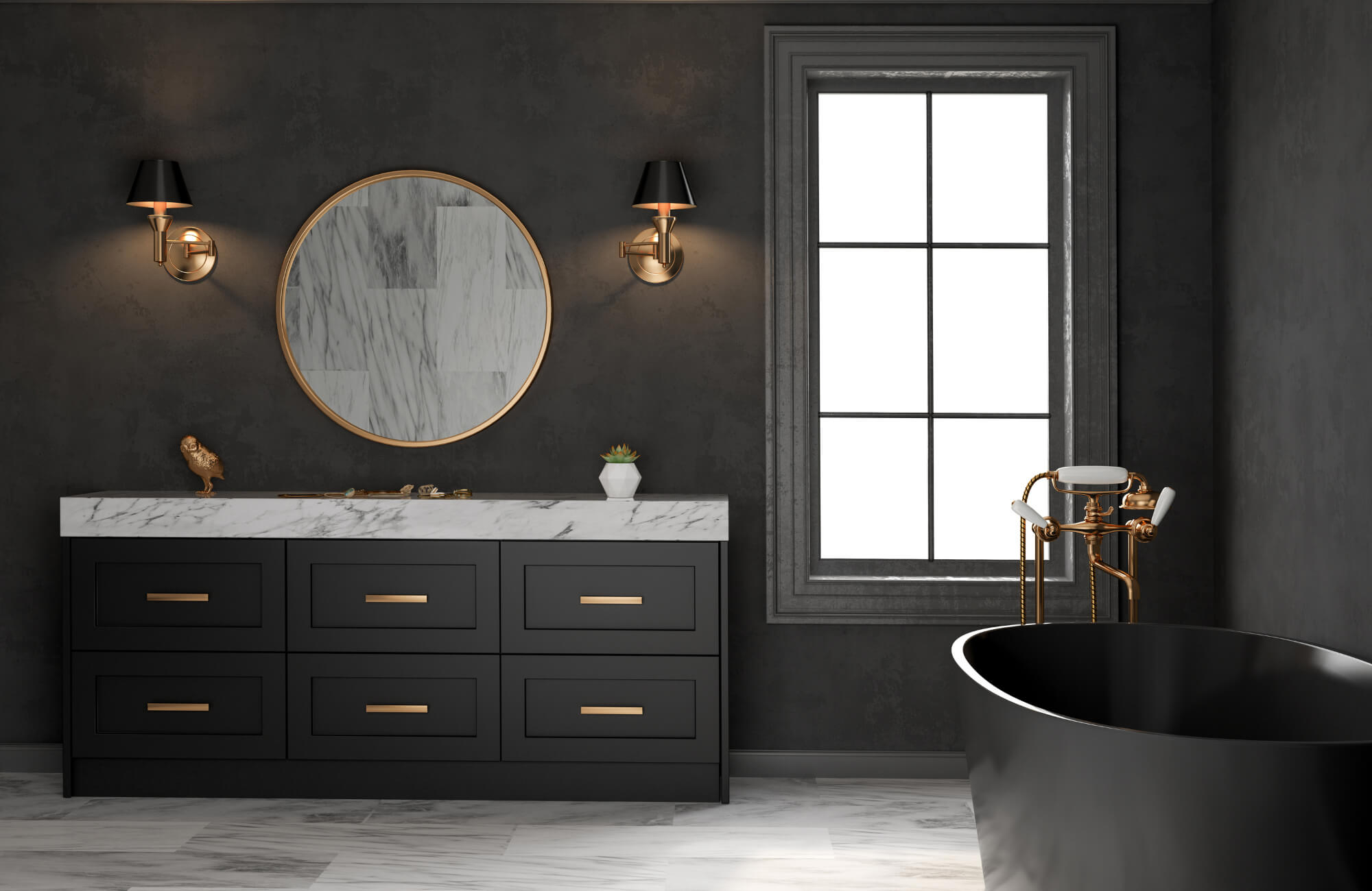 Modern black bathroom with marble vanity, round mirror, gold sconces, and freestanding tub beside a tall window.