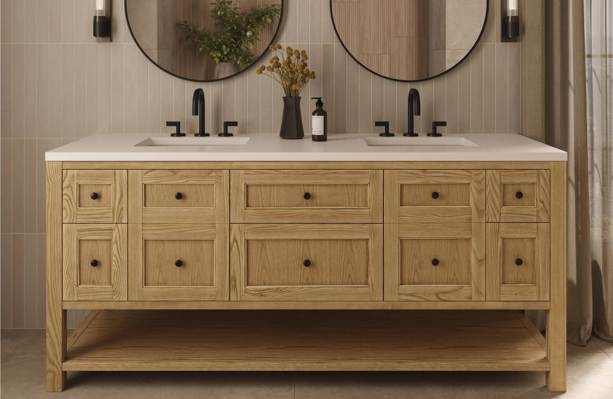 Vertical taupe backsplash tiles with fine pinstripes add subtle texture behind a double vanity with natural wood cabinetry.