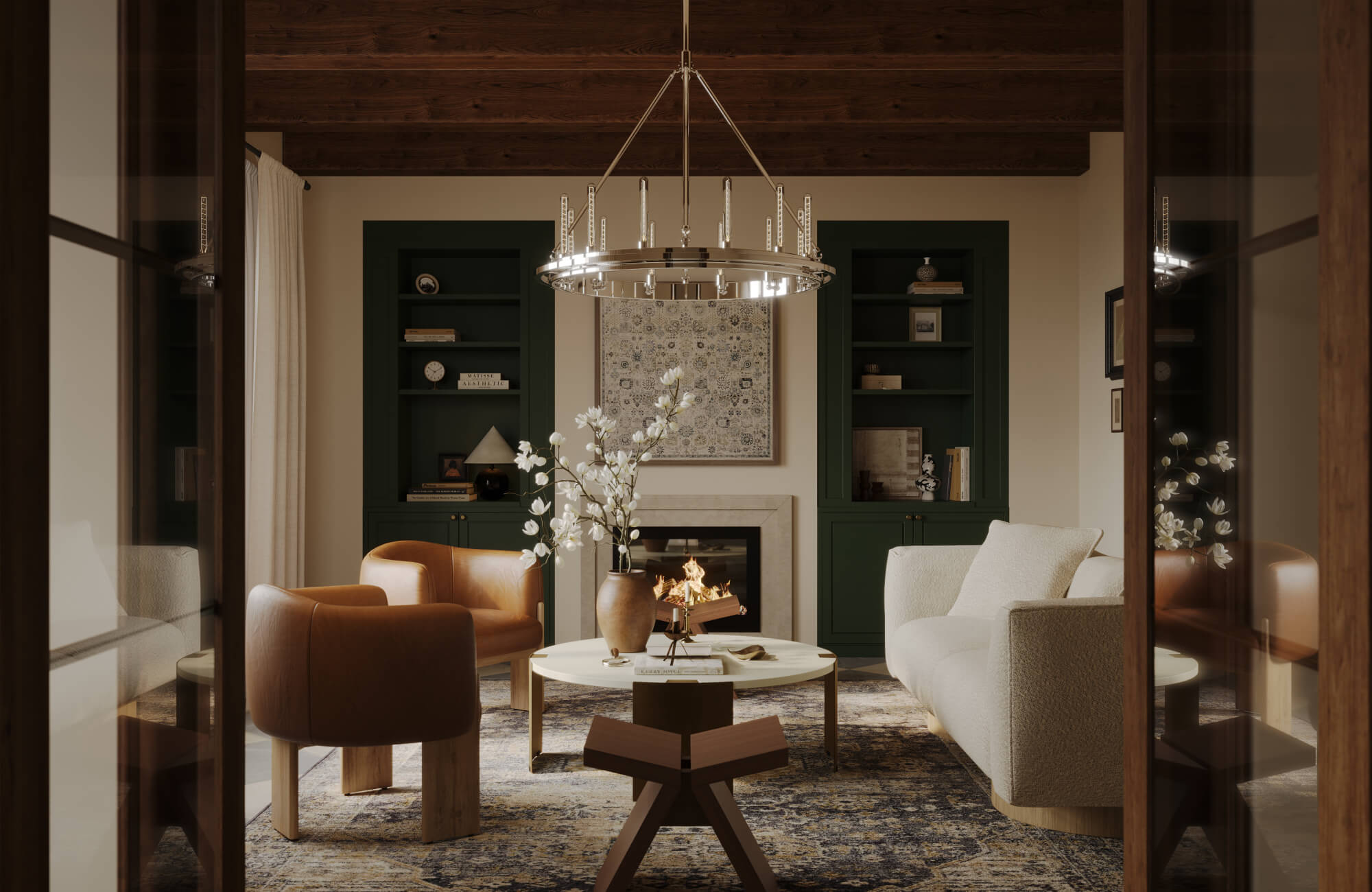 Intimate sitting area with dark wood ceiling beams, statement ring chandelier, and curated built-in cabinetry flanking the fireplace.