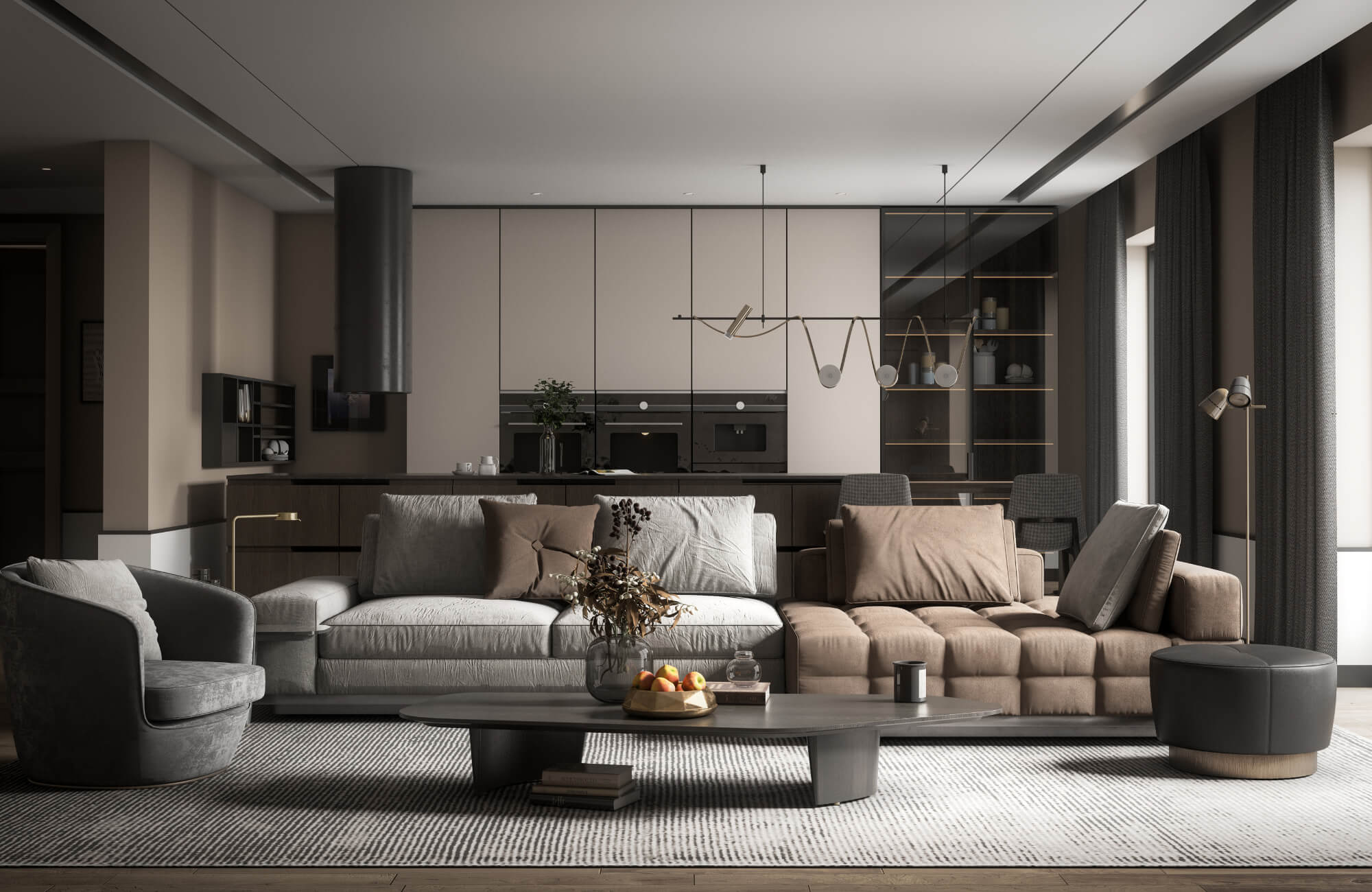 Modern open-concept living room with neutral sofas, low coffee table, and a textured 9x12 area rug anchoring the seating space.