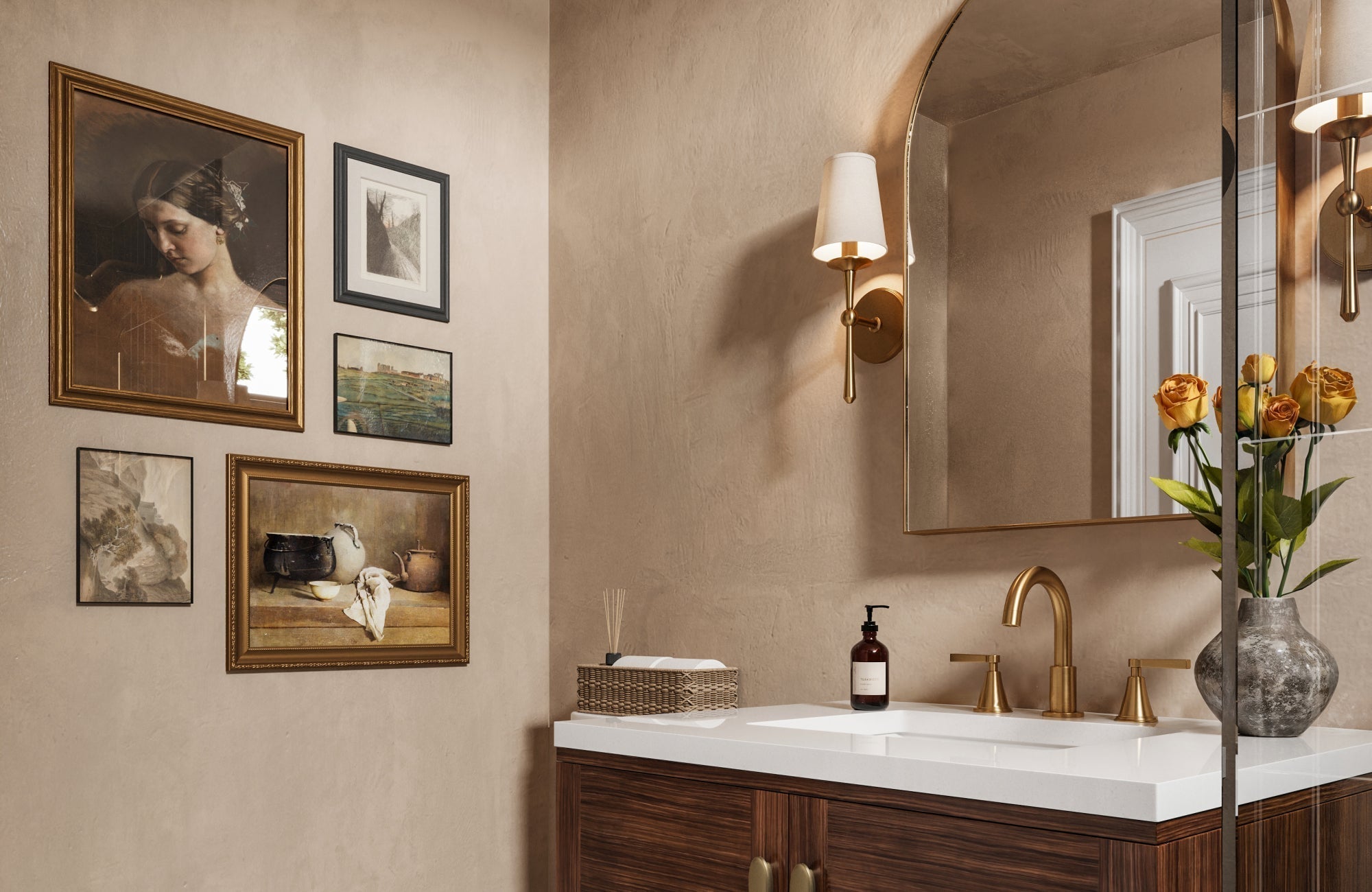 Arched mirror sized proportionally above a 30-inch vanity, balanced with wall sconces and gold fixtures.