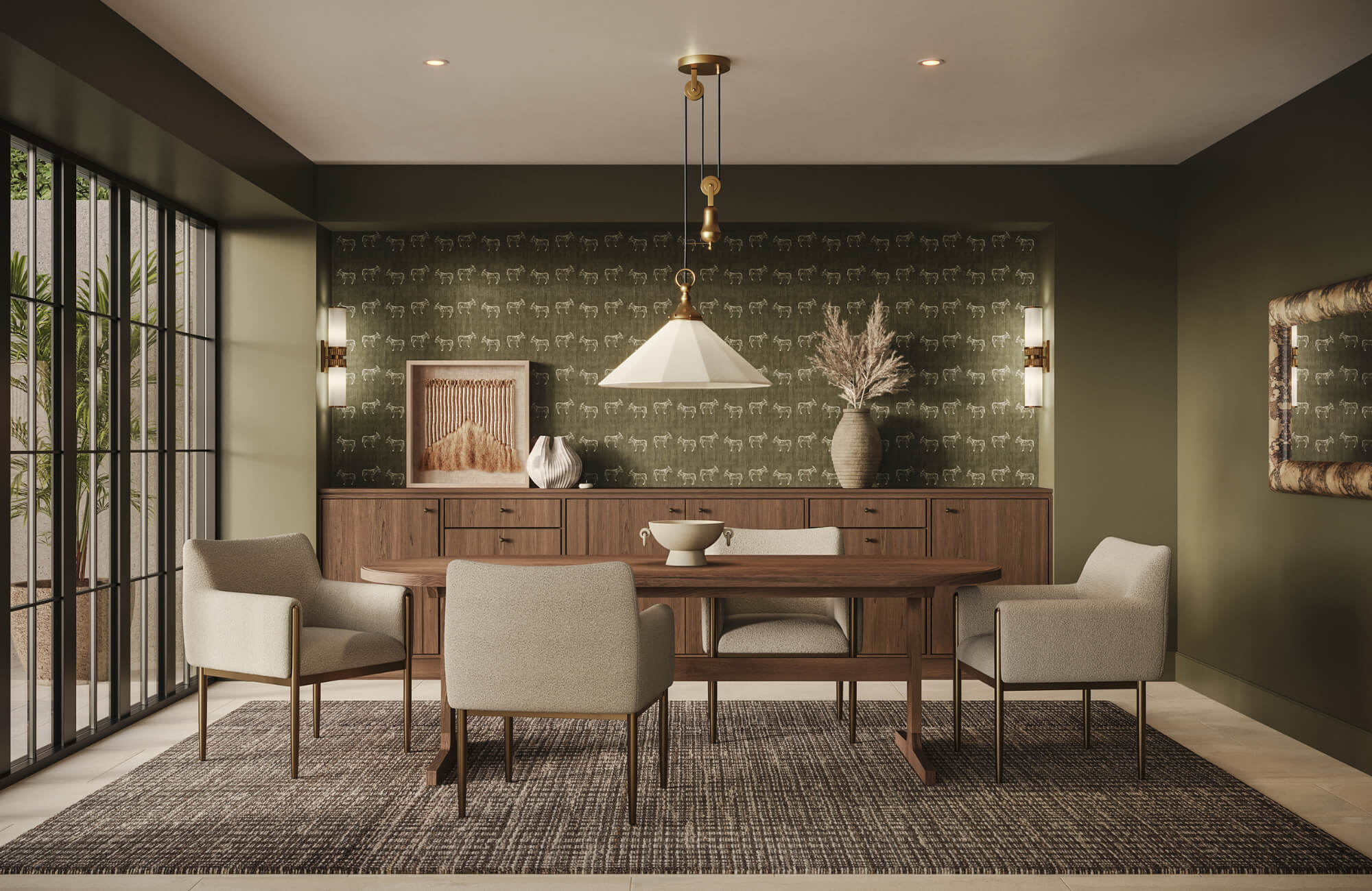 Elegant dining room with patterned wallpaper accent wall, wood furniture, neutral chairs, and pendant lighting creating a warm, refined atmosphere.