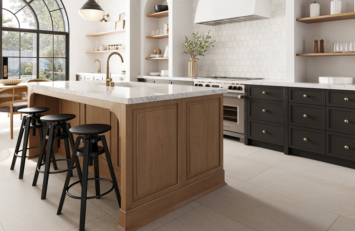 Warm beige floor tiles paired with black cabinetry and wood accents in a bright, classic kitchen design.