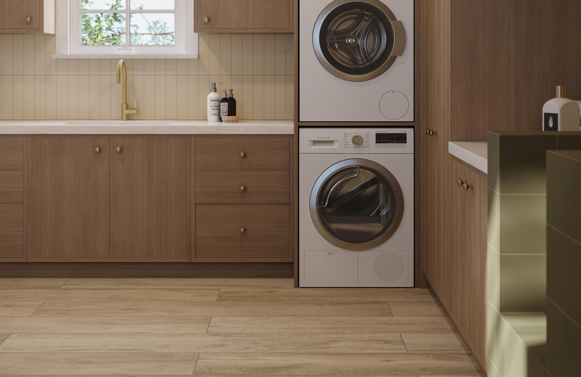 Warm wood look porcelain tiles in a plank style bring natural charm to this modern laundry room.