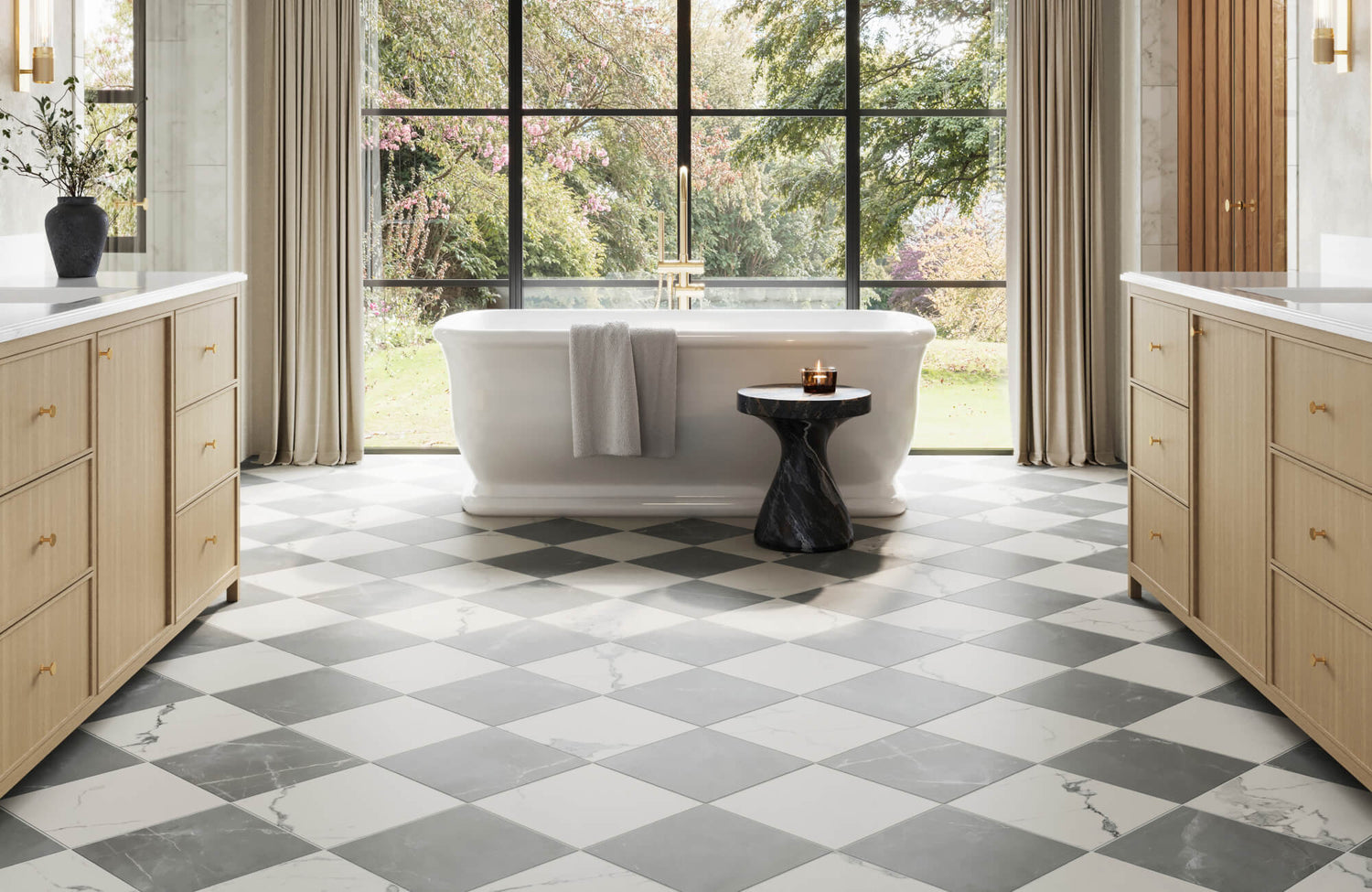 Elegant bathroom with large window and checkerboard floor in Calacatta and Amani Grey porcelain tiles