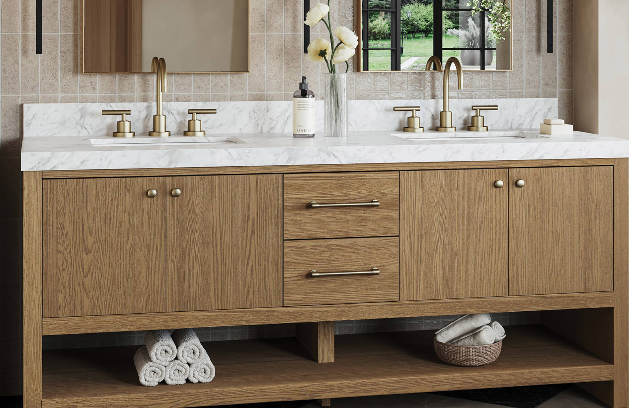 Double sink bathroom vanity with wood cabinetry and marble countertop, featuring ample storage and symmetrical sink layout.