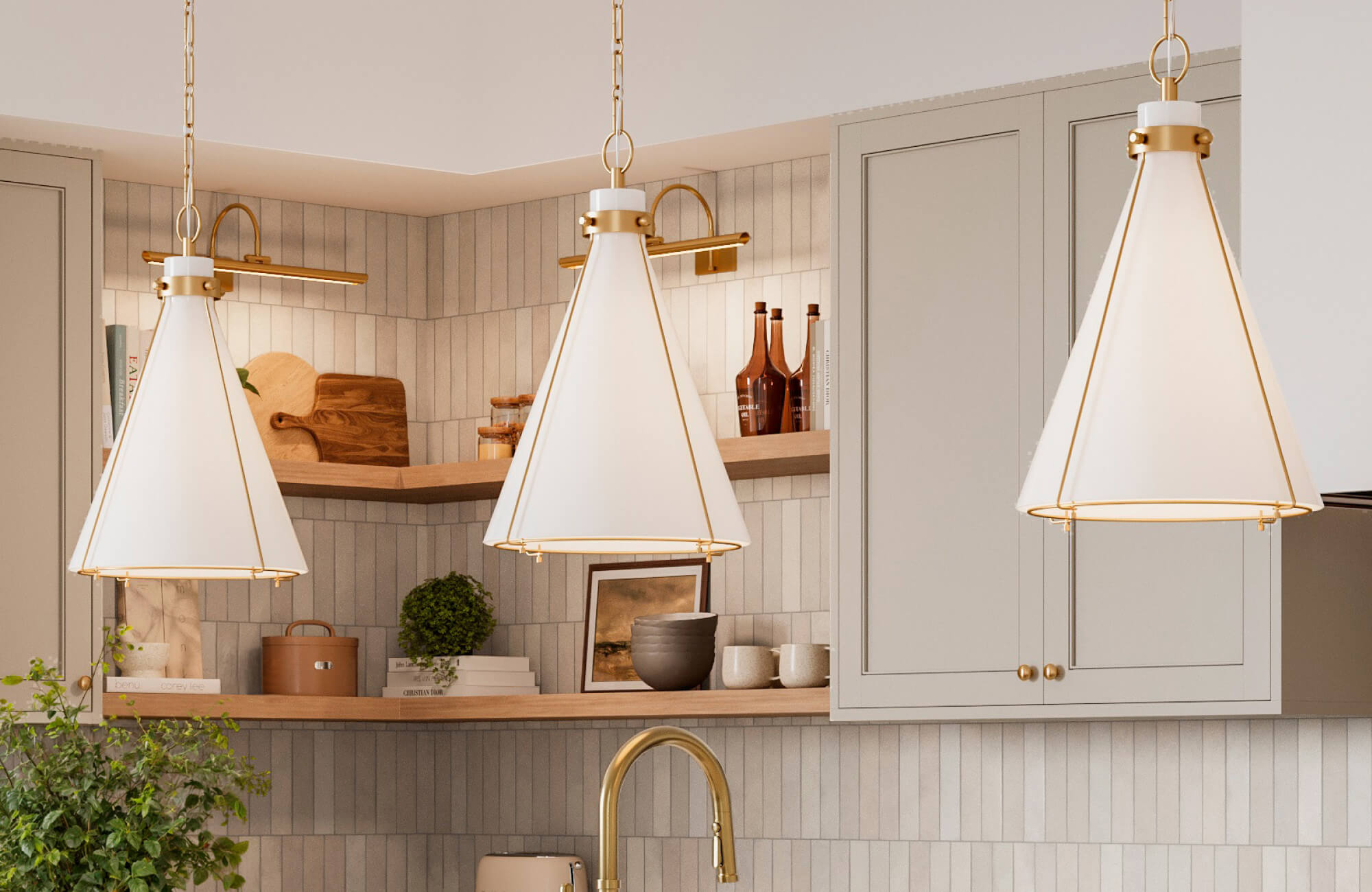 Sleek vertical beige tiles provide a clean backdrop beneath cone-shaped white and gold pendant lights.