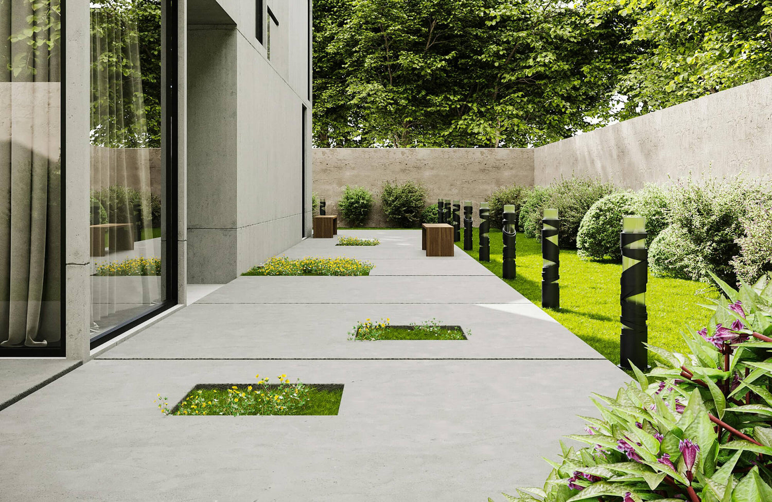 Modern outdoor walkway featuring large-format concrete-look tile with clean lines and integrated greenery for a minimalist landscape design.