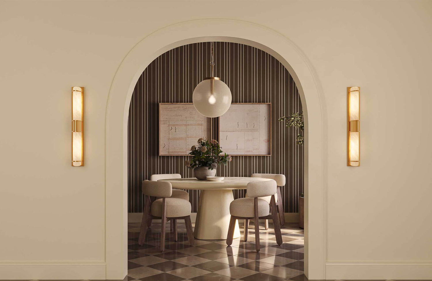 Contemporary dining room with arched entryway, striped accent wall, framed wall art, round table, upholstered chairs, pendant light, and checkered tile floor.