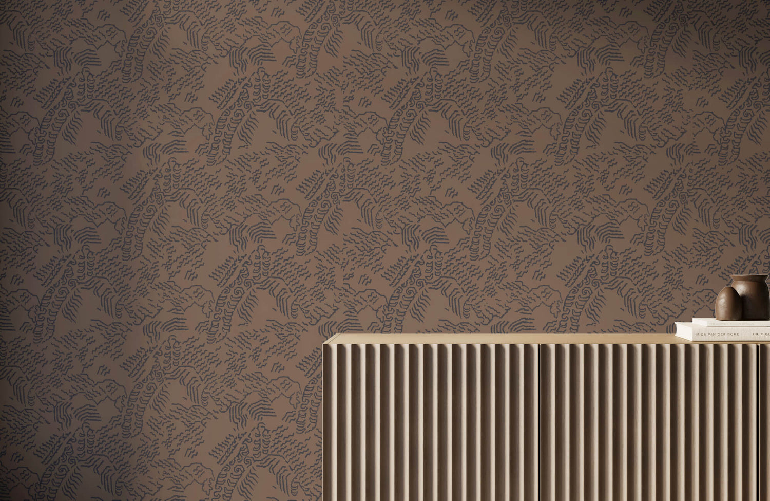 Textured taupe abstract pattern wallpaper for modern homes paired with a fluted wood console and neutral decor.