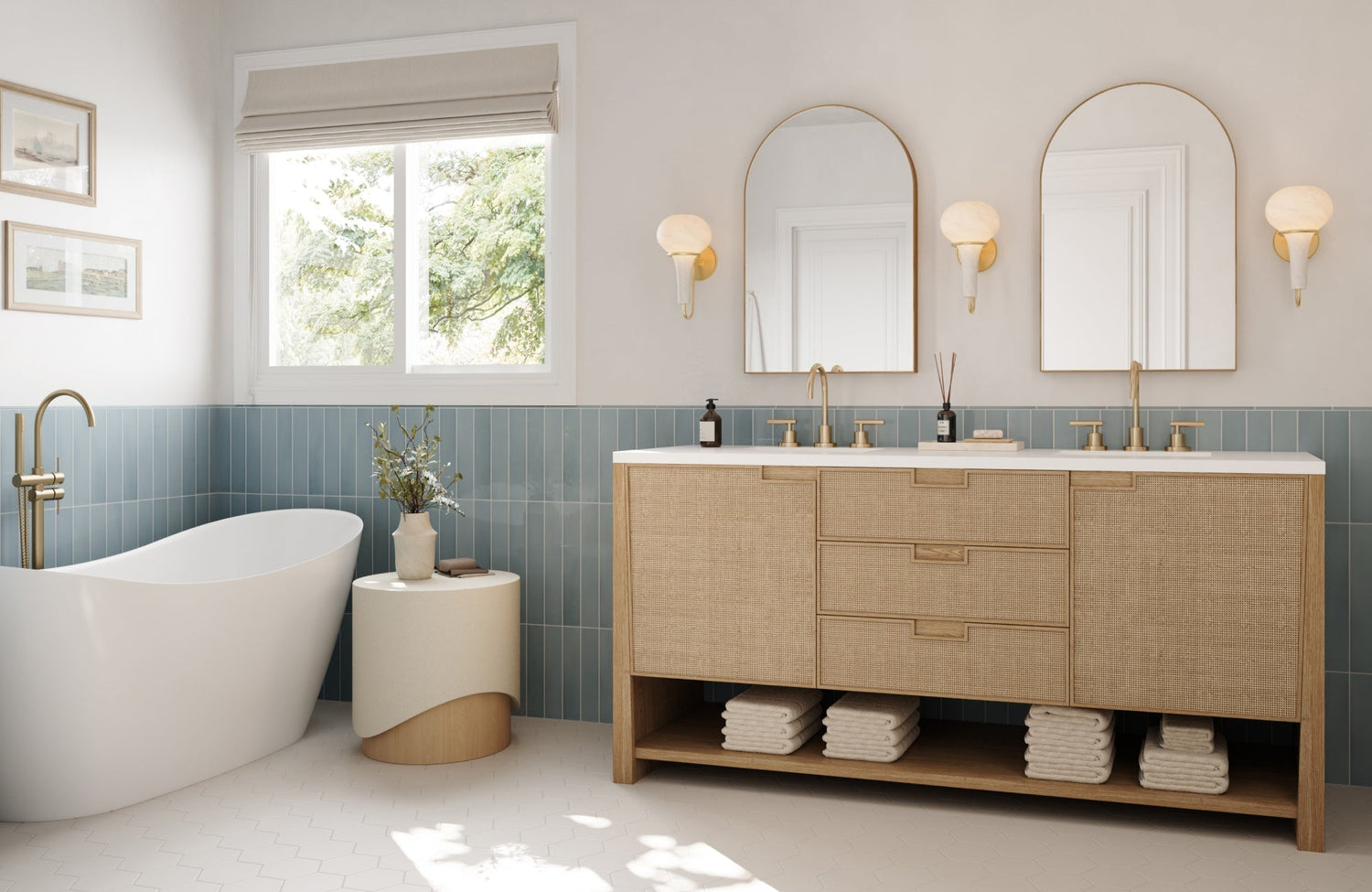 Natural rattan vanity in a soft oak tone adds warmth and texture to a bright bathroom with brass accents and blue tile walls.