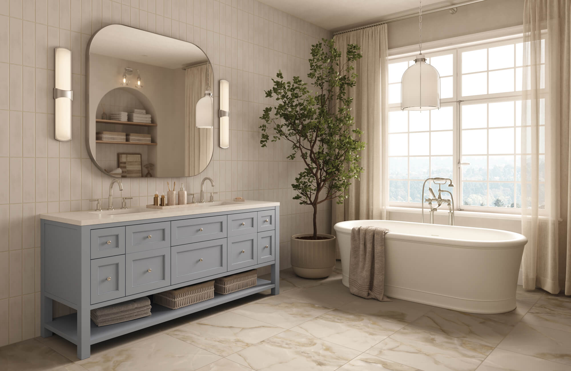 Wide blue double vanity with ample drawers anchors spacious master bathroom beside freestanding tub