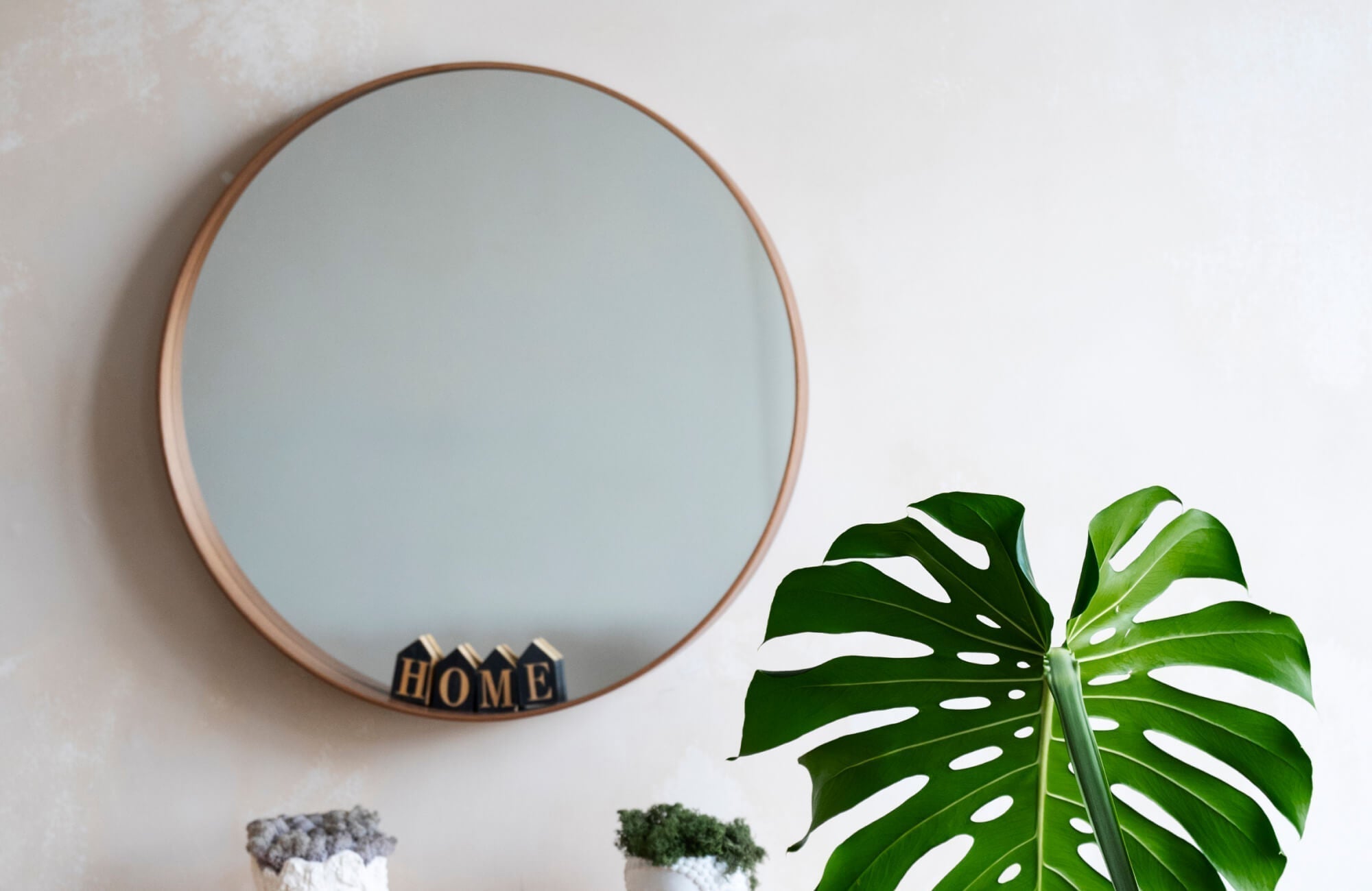 Round circle mirror with a slim natural wood frame mounted on a light neutral wall, styled above greenery and decor accents for a modern minimalist look.