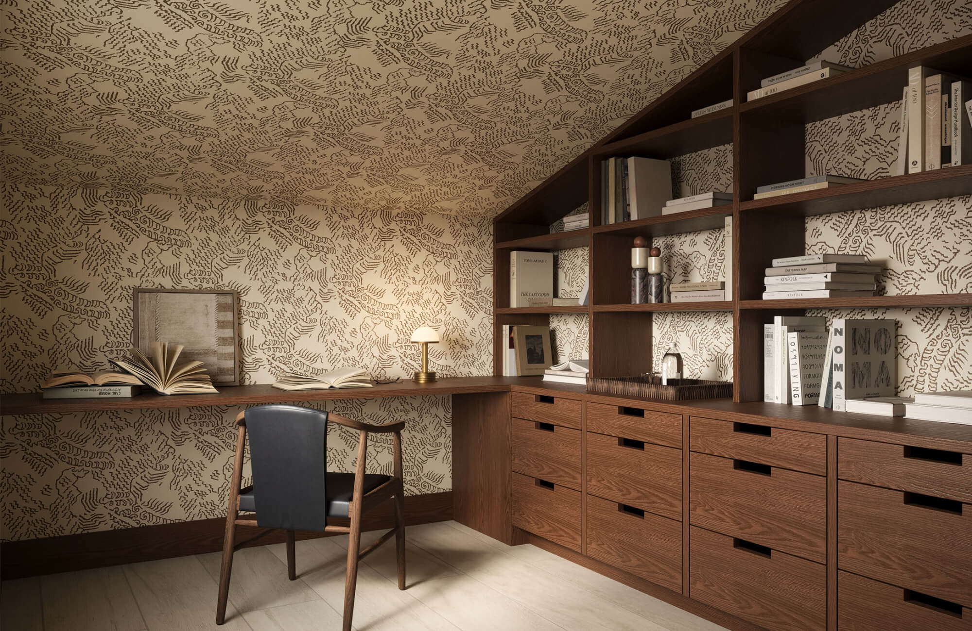 Warm beige wallpaper with a subtle tonal pattern adds depth without contrast, helping the room feel open and visually expansive.