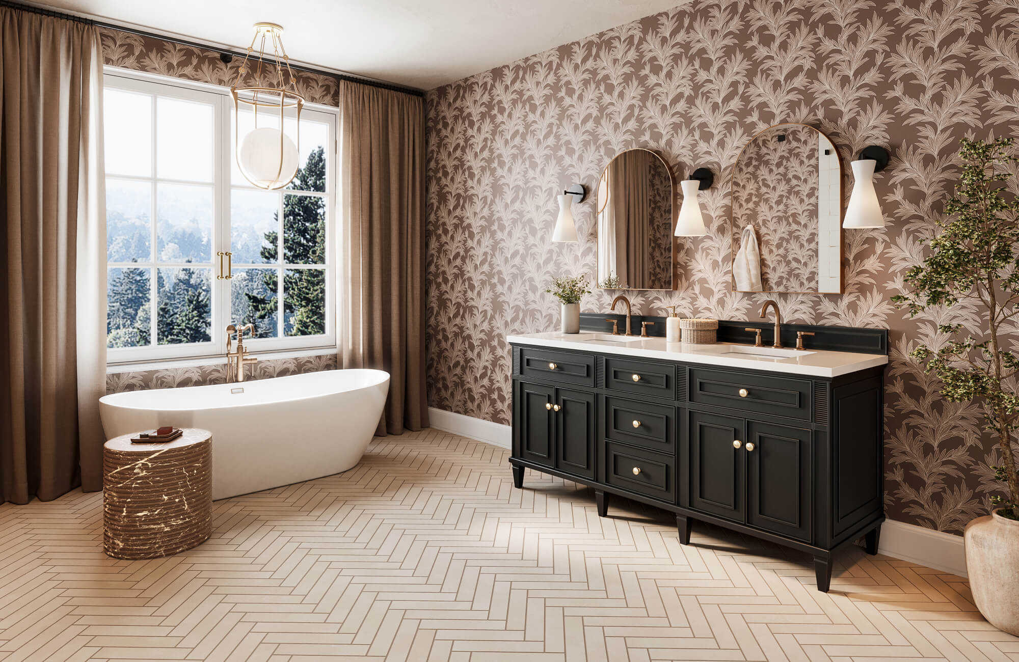 Elegant bathroom with cream herringbone tile floor, black double vanity, and warm botanical wallpaper.