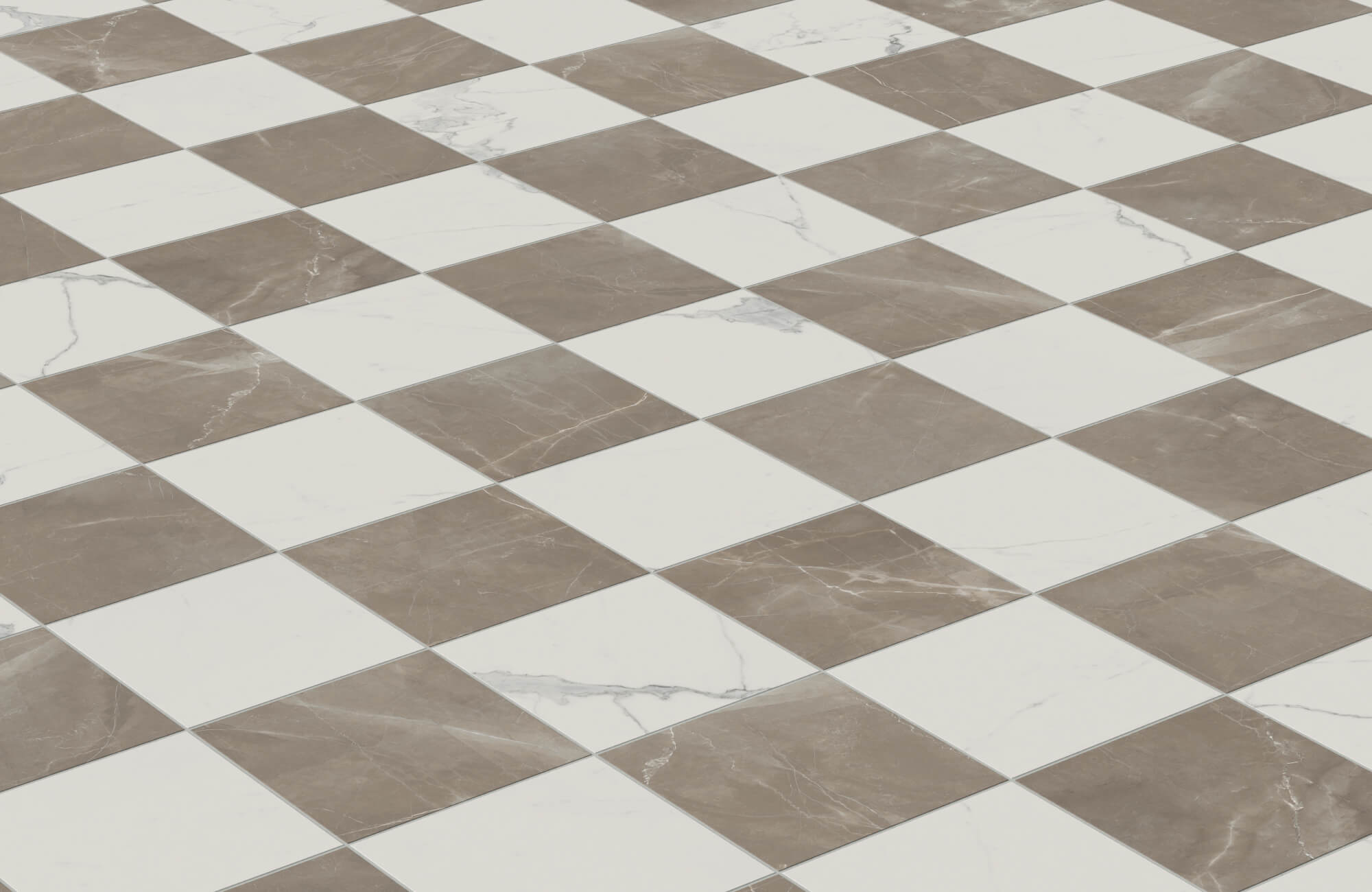 Elegant checkerboard floor with alternating taupe and white marble tiles, each featuring subtle natural veining.