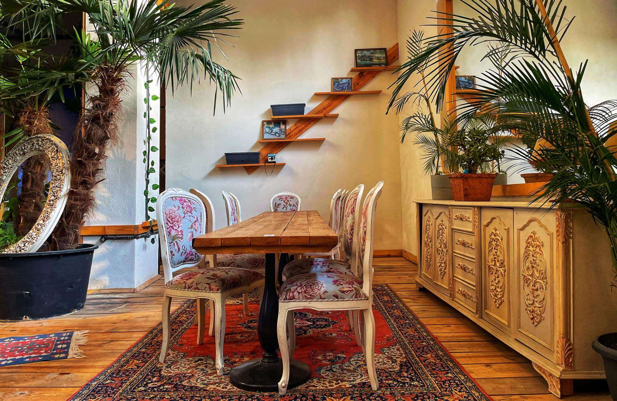 Red Persian rug anchors a cozy sitting area with mixed seating, warm wood tones, greenery, and layered textures.
