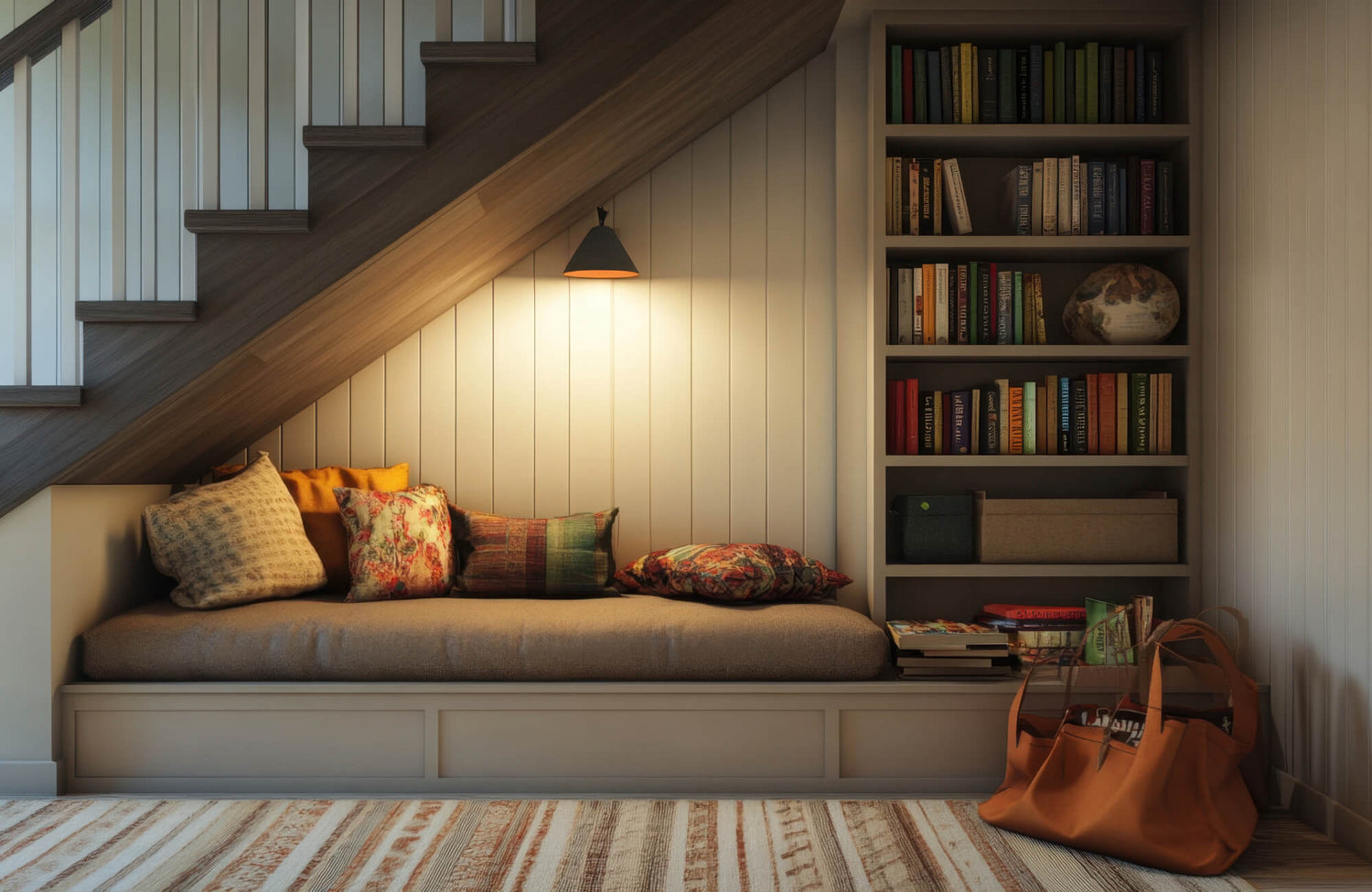 Cozy reading nook under a staircase with a cushioned bench, throw pillows, wall sconce lighting, built-in bookshelf, and rug.