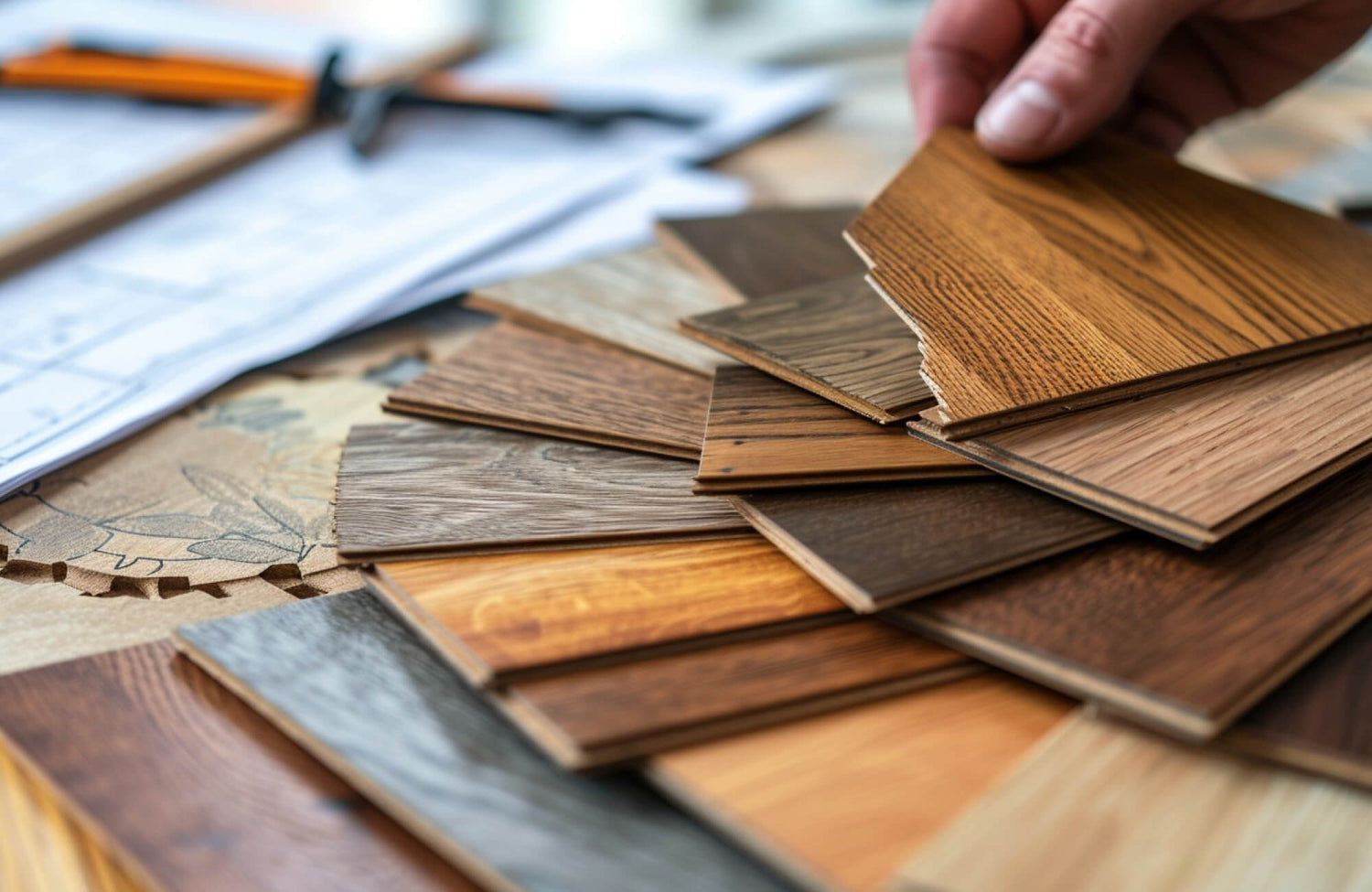 Hand-selecting from a spread of luxury vinyl plank samples in various wood tones on a design table.