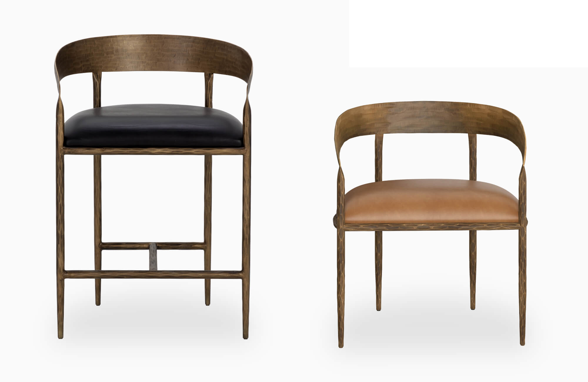 Sculptural bronze-framed bar and dining chairs with curved backs and leather seats, blending artisanal texture with modern elegance.