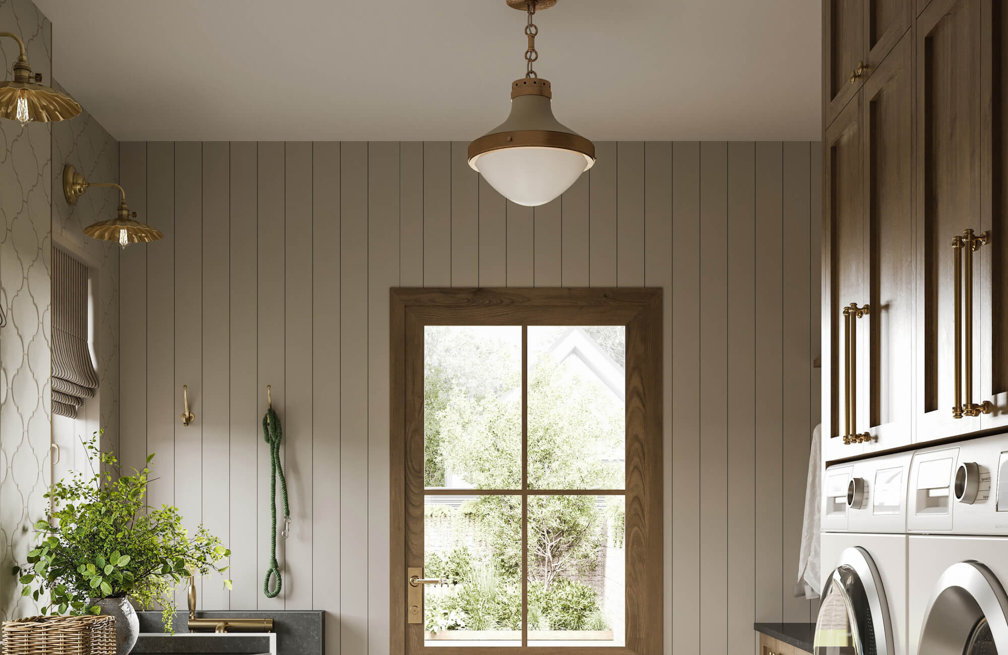 Warm laundry room with vertical shiplap walls, brass-accented cabinetry, a vintage-style pendant light, and quatrefoil tile detailing.