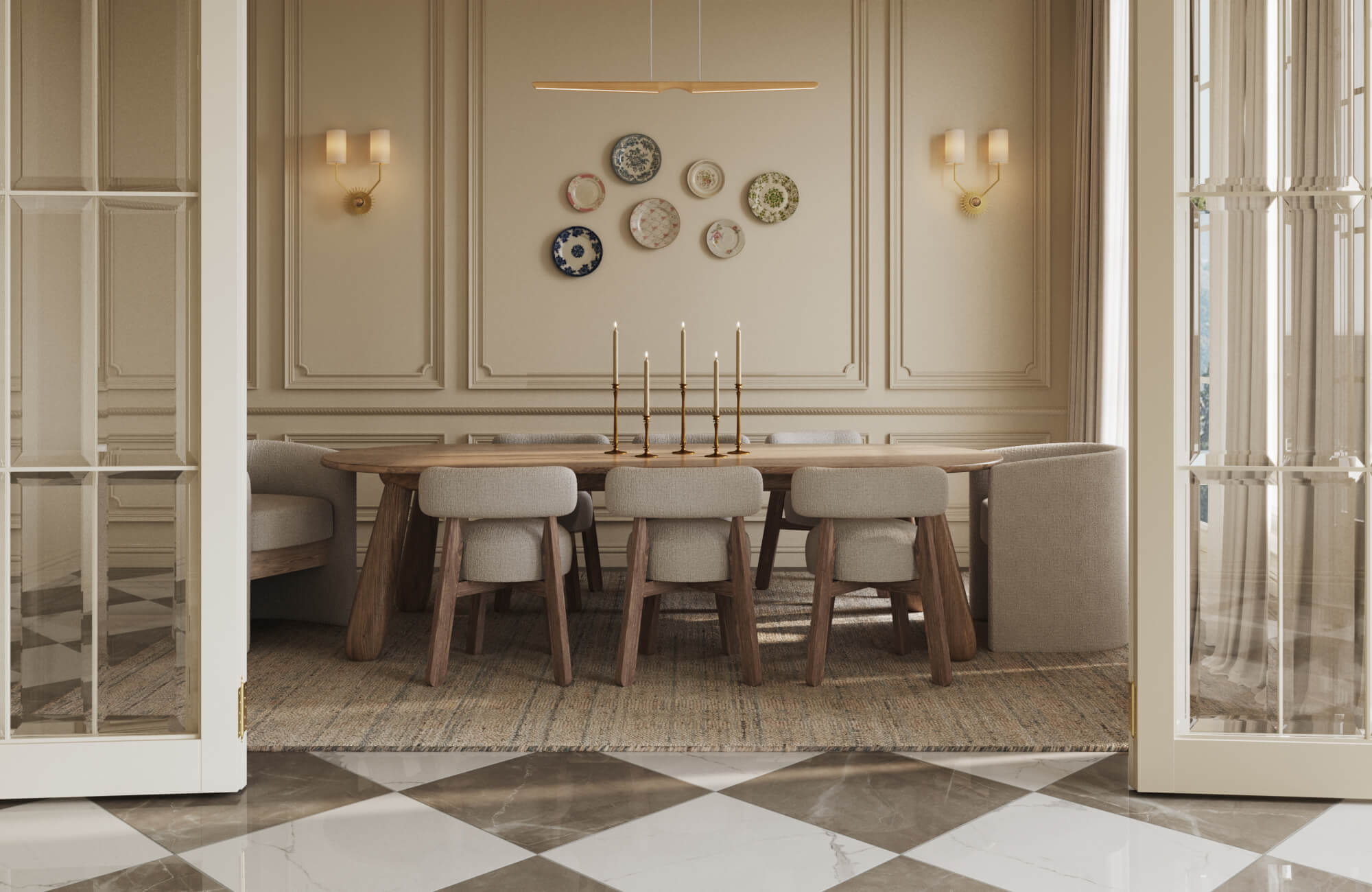 Classic dining room with paneled walls, decorative plate wall art, sconces, linear pendant lights, a wood table, upholstered chairs, a rug, and a checkered tile floor.