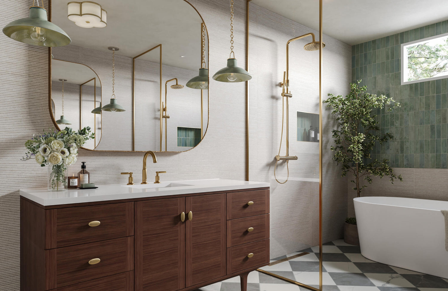 Rich wood vanity with brass fixtures and curved mirror is paired with green pendant lights, fluted wall tile, and a luxe walk-in shower.