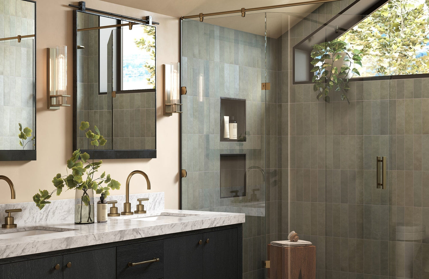 Rectangular bathroom mirror above vanity reflecting light and greenery, framed with clean black edges.