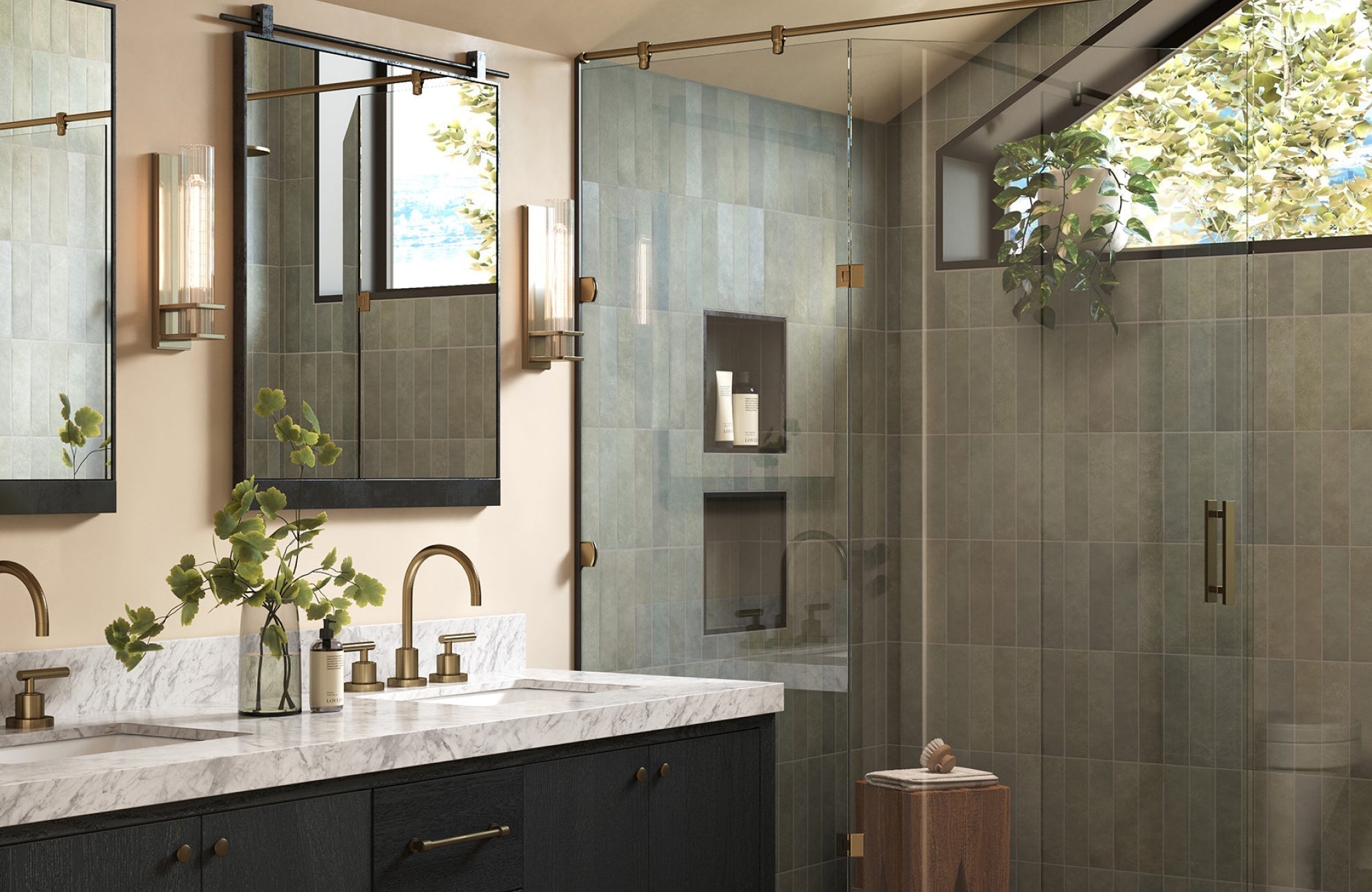 Rectangular bathroom mirror above vanity reflecting light and greenery, framed with clean black edges.