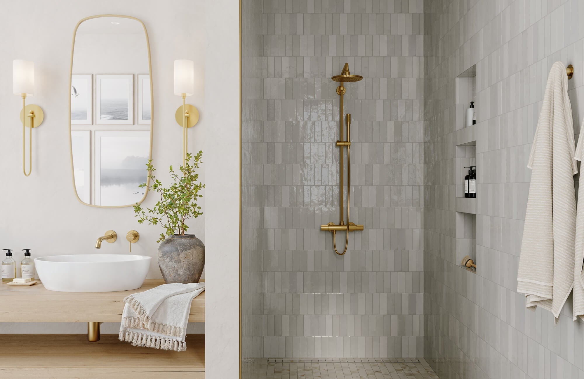 Modern bathroom with brass fixtures, wall-mounted sconces, a frameless mirror, and vertical gray tile in a walk-in shower design.