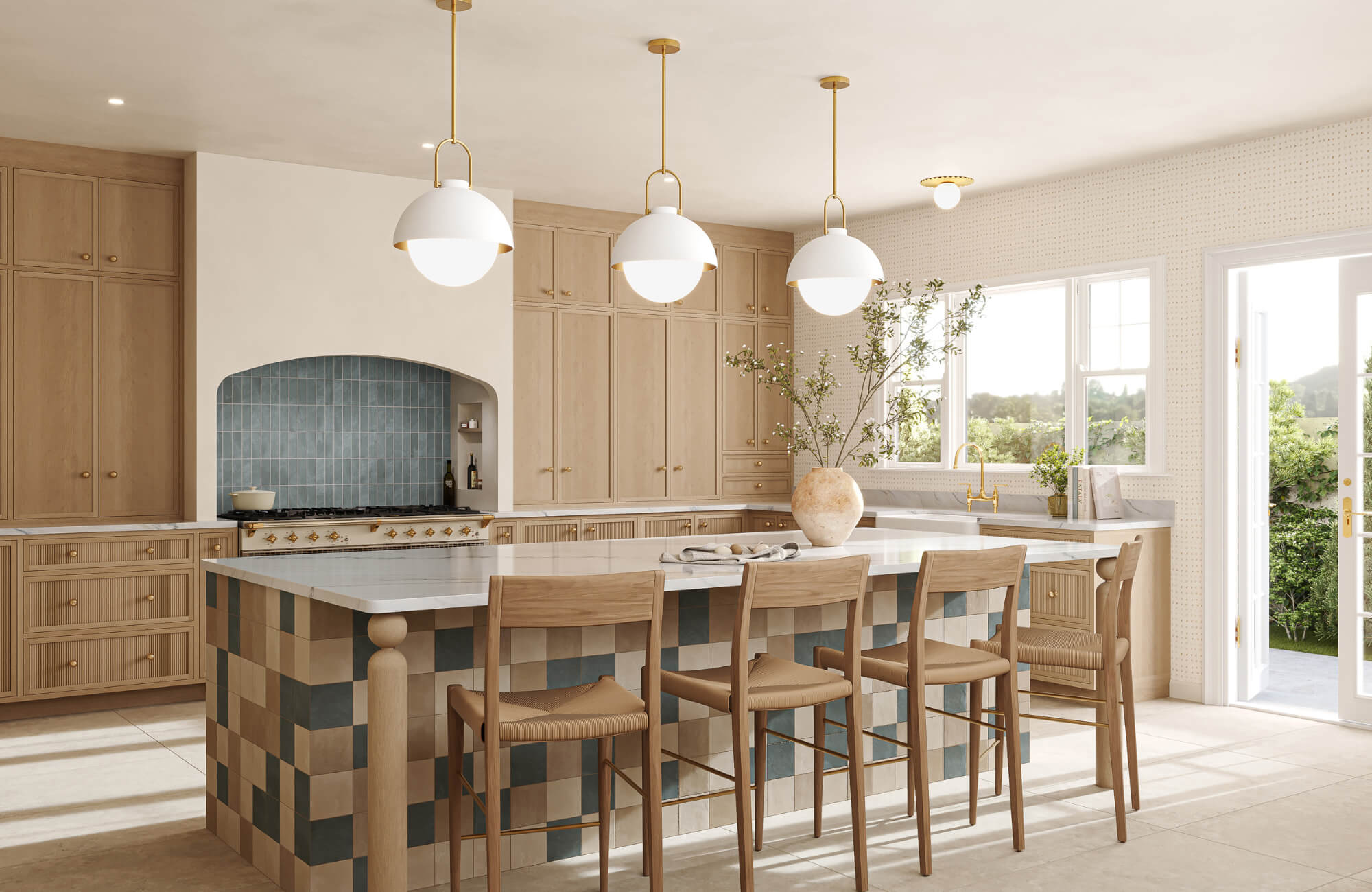 Bright modern kitchen with wood cabinetry, brass lighting, and tiled island, showcasing a warm, balanced and inviting interior design.