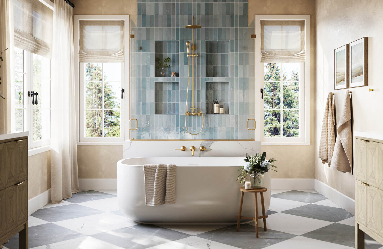Luxurious bathroom with black and white checkered tile floor, freestanding tub, gold fixtures, and vertical blue shower tiles.