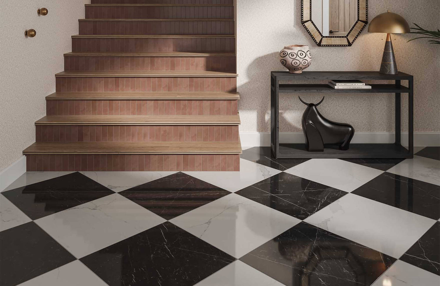 Black and white checkered flooring in a hallway highlights durability and bold contrast, making it a practical and visually striking choice for high-traffic entry spaces.