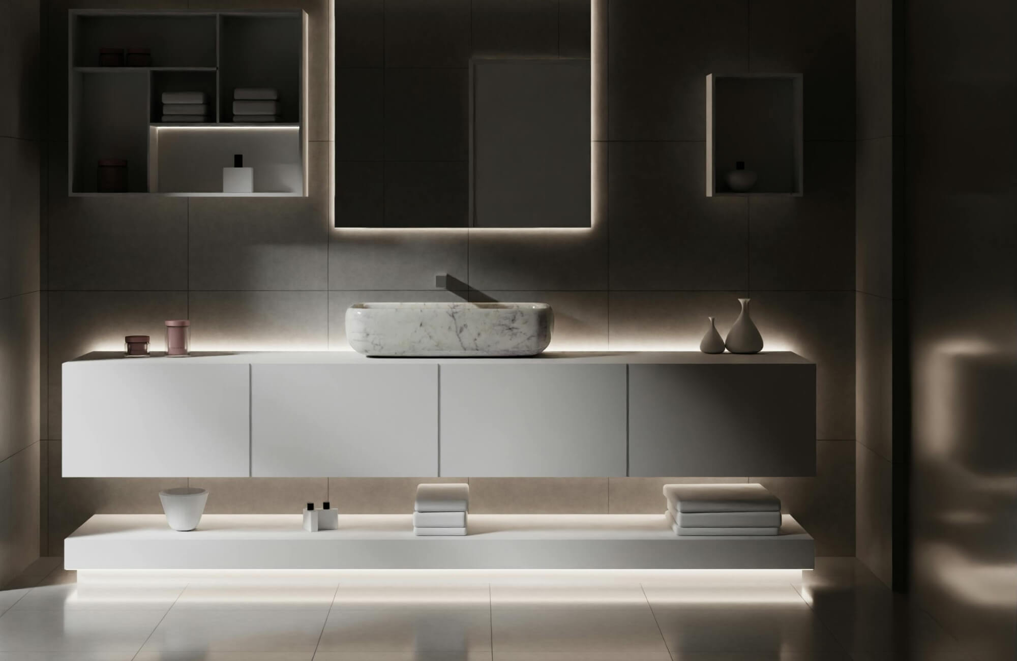Luxurious contemporary bathroom vanity featuring a floating white cabinet with integrated ambient lighting, a sleek marble vessel sink, and minimalist shelving that exudes modern elegance and refined sophistication.