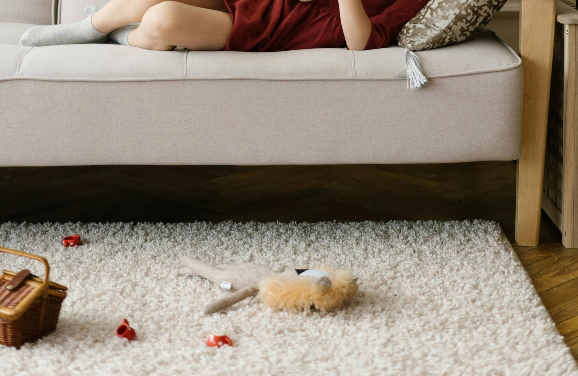 Soft cream shag rug with plush texture, scattered with toys and a plush lion, adding cozy charm to a family space.